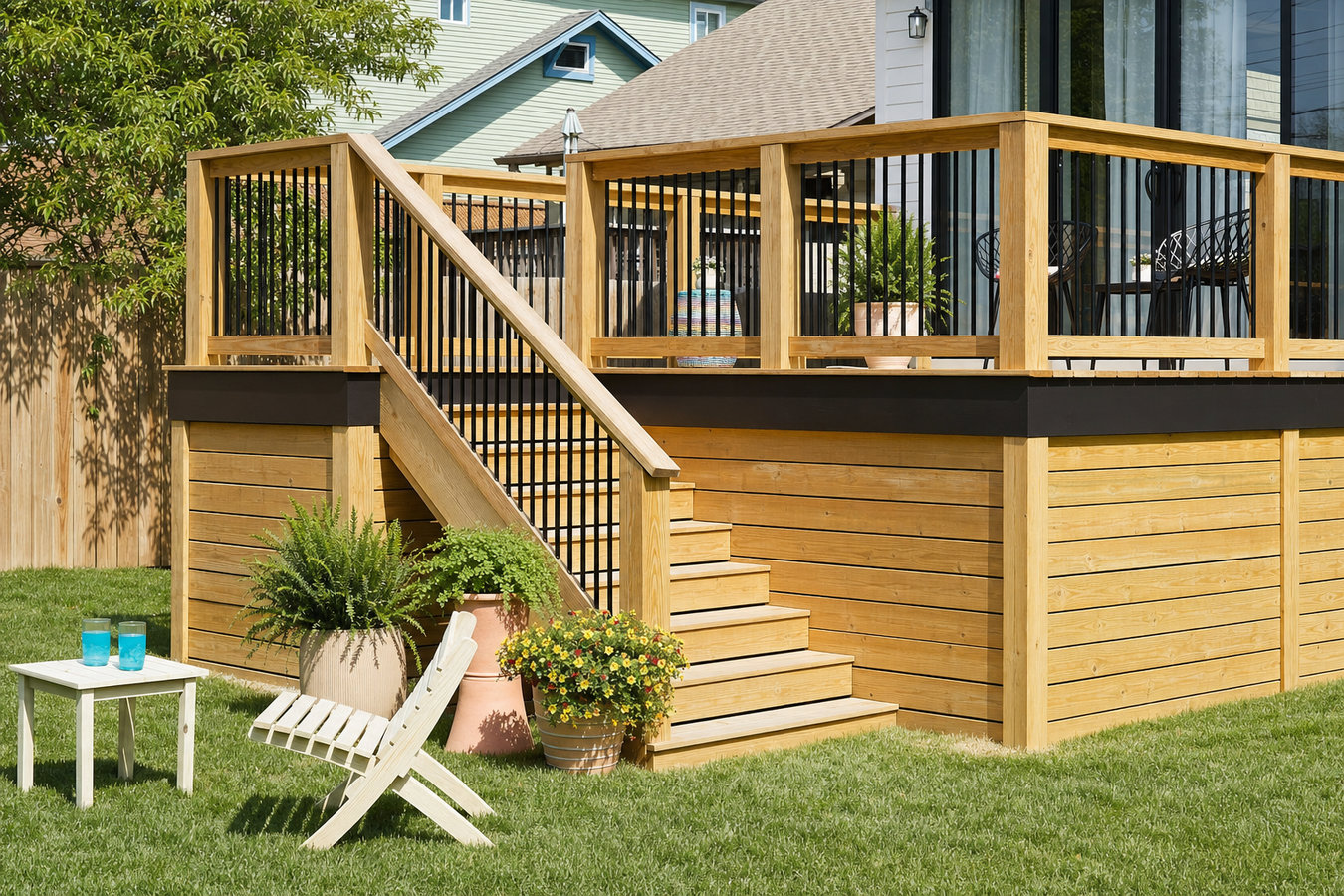 Pressure-treated wood deck construction